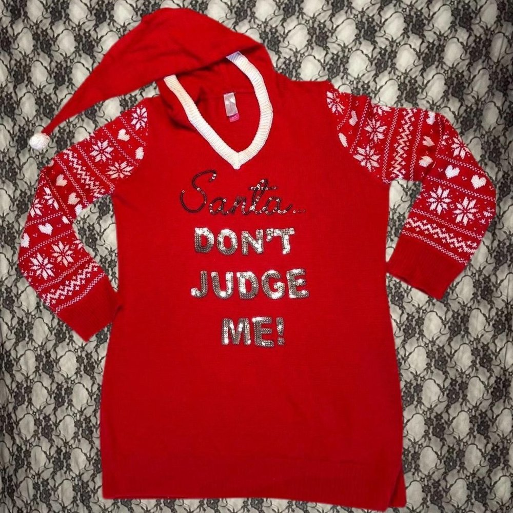 red Christmas elf sequins hoodie sweater mini dress juniors xl